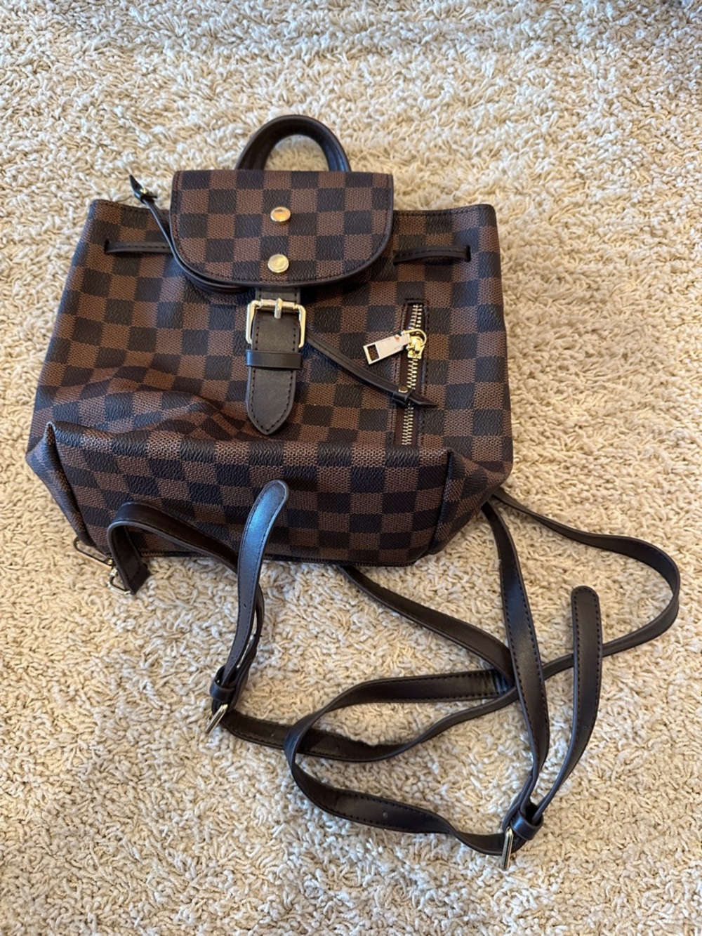 Brown Checkered Women's Leather Backpack - Designer Style